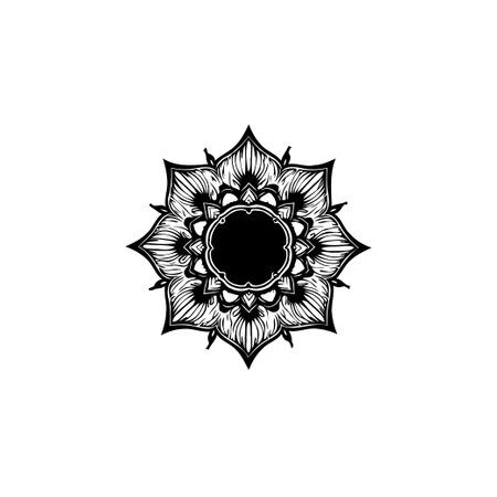A symmetrically designed, intricate floral mandala illustration that brings a touch of artistic elegance. Its simple, yet detailed black and white vector design is ideal for a variety of creative projects.のイラスト素材