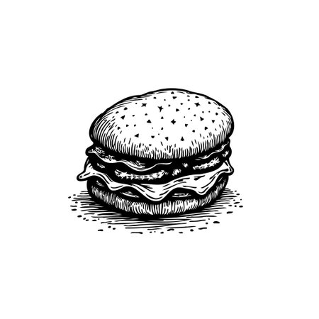 This detailed black and white sketch showcases a juicy burger, perfect for menus, illustrations, or food-related designs. Its tasty appearance is sure to catch the eye.のイラスト素材