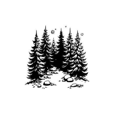 A black and white vector illustration showing a forest landscape with pine trees and scattered rocks, evoking a sense of wilderness and nature.のイラスト素材