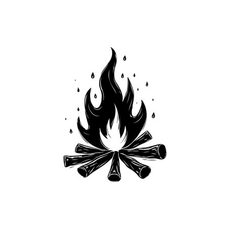 A detailed black and white illustration showcases a roaring campfire. The flickering flames rise above a stack of carefully arranged logs. Perfect for camping or outdoor themed design.のイラスト素材