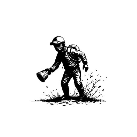 An illustration shows a worker wearing protective gear spraying pesticide. The artwork is in black and white, highlighting the potential hazards and safety measures needed.のイラスト素材