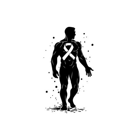 Illustration of a muscular man's silhouette with an awareness ribbon across his chest, symbolizing health, support, and strength.のイラスト素材