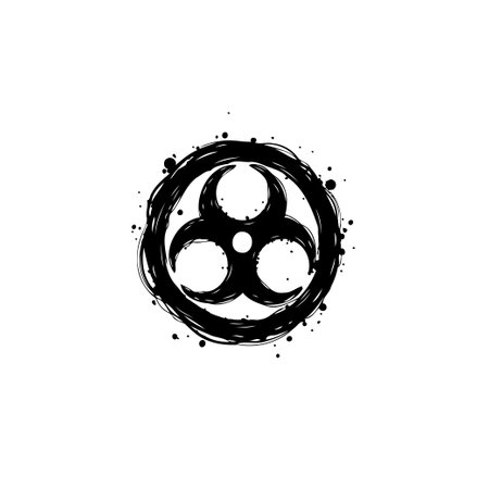 This distressed biohazard symbol illustration features a grunge texture with splatter effects. The symbol is encircled by a rough outline, giving it a rugged, warning appearance.のイラスト素材