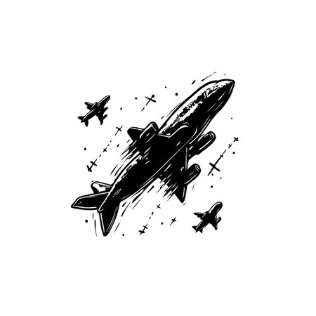 A black and white sketch shows an airliner taking off, accompanied by smaller planes, suggesting travel and adventure.のイラスト素材