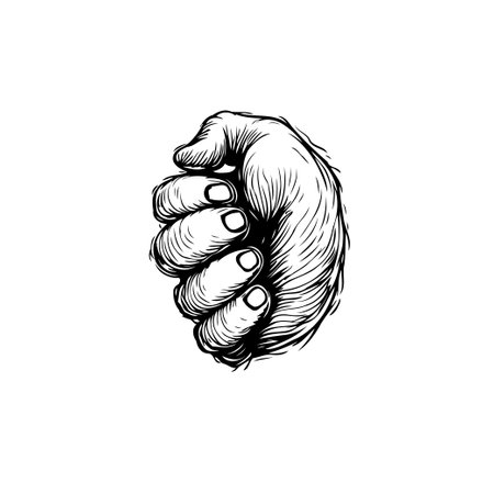 A detailed black and white line art illustration presents a clenched human fist. This image conveys themes of strength, determination, and resilience.のイラスト素材