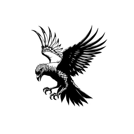 A striking black and white vector illustration of an eagle in mid-flight showcasing power, freedom, and detailed design elements.のイラスト素材