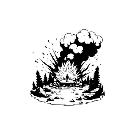 A silhouette of a figure standing near a massive explosion in a dense forest. The monochrome image evokes danger and destruction.のイラスト素材