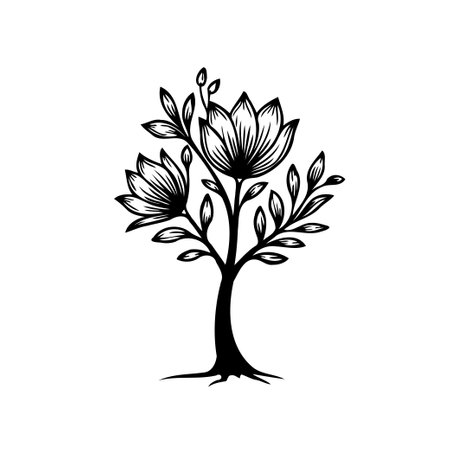A striking black and white illustration depicts a stylized tree with floral blooms, embodying a sense of natural beauty and elegant design.のイラスト素材