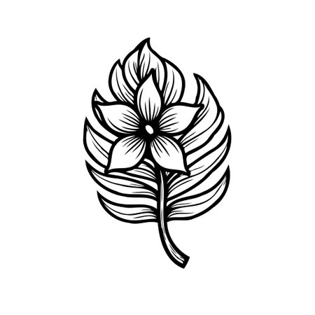 A minimalist botanical illustration of a flower and leaf design, rendered in elegant black and white line art. Perfect for creative design.のイラスト素材