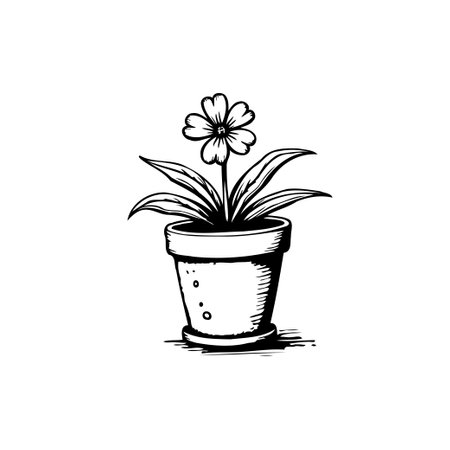 A detailed monochrome illustration of a blooming flower in a ceramic pot, showcasing its delicate petals and leaves. The image evokes a sense of simplicity and natural beauty.のイラスト素材