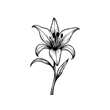 Detailed black and white illustration of a lily. Perfect for botanical designs, tattoo art, or elegant floral projects, showcasing simplicity and natural beauty.のイラスト素材