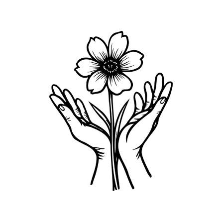 A minimalist illustration shows hands carefully holding a flower, symbolizing care, growth, and the beauty of nature in a simple yet elegant design.のイラスト素材