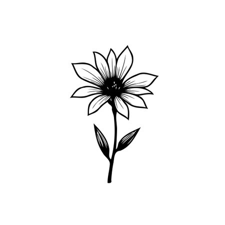 A delicate botanical illustration of a flower, showcasing its elegant petals and leaves in a minimalist black and white design. Suitable for various creative projects.のイラスト素材