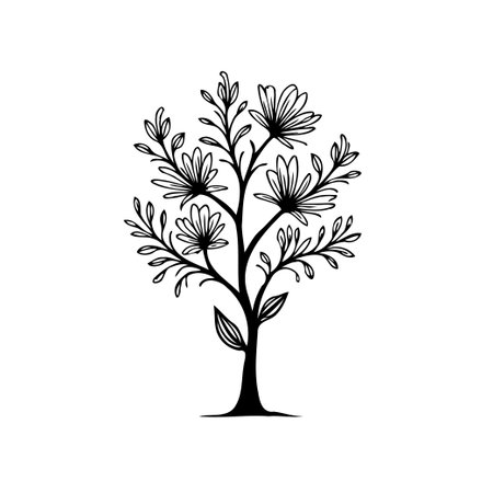 A minimalist botanical illustration showcasing a stylized tree in full bloom. The black and white design offers an elegant and decorative touch, ideal for various creative projects.のイラスト素材