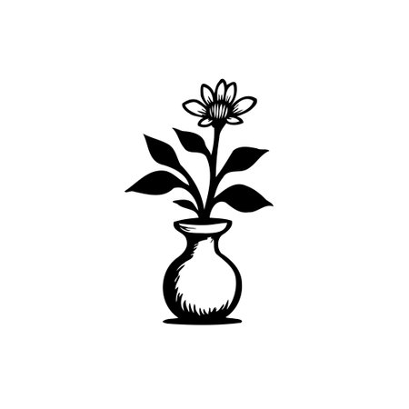 A minimalist black and white illustration of a daisy in a vase, perfect for botanical themes and elegant designs.のイラスト素材