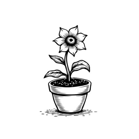 An elegant monochrome illustration of a flower in a pot, showcasing a vintage engraving style design. The artwork captures the beauty of nature.のイラスト素材