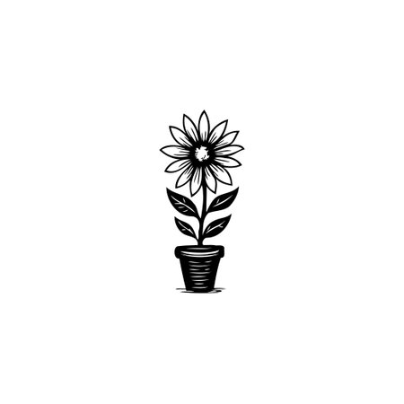 A simple yet elegant black and white illustration of a sunflower in a pot. Ideal for designs needing a touch of nature.のイラスト素材