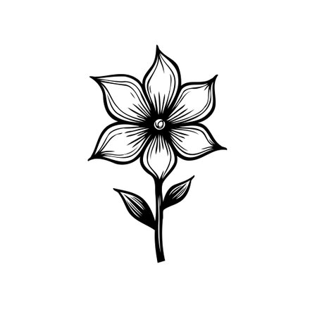 A hand-drawn botanical illustration featuring a single stylized flower, showcasing its petals, leaves, and stem with delicate line work and subtle shading.のイラスト素材