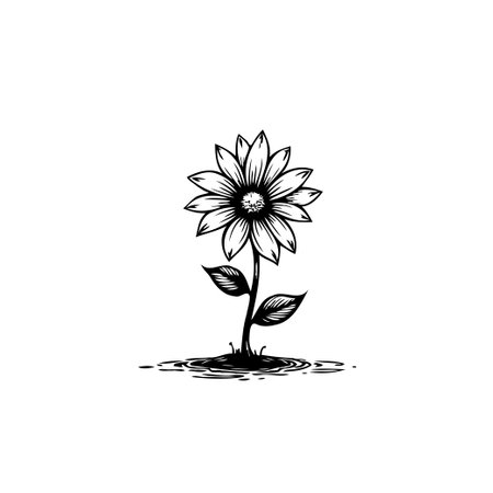 A monochrome illustration shows a single daisy flower with detailed shading and petal textures, rendered in a hand-drawn style. Perfect for vintage or botanical designs.のイラスト素材