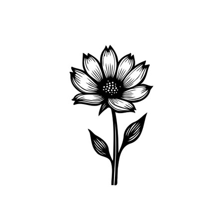 A simple and elegant monochrome drawing of a sunflower. Isolated on a clean white background, it highlights the delicate details of the petals, stem, and leaves, offering a versatile image for various design purposes.のイラスト素材