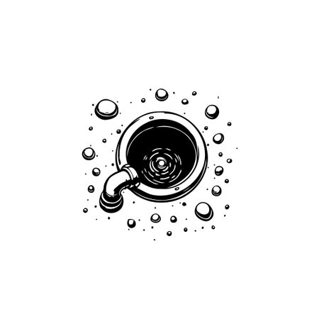 A minimalist black and white illustration depicts water spiraling down a circular drain, surrounded by bubbles, representing concepts of cleanliness and water management.のイラスト素材
