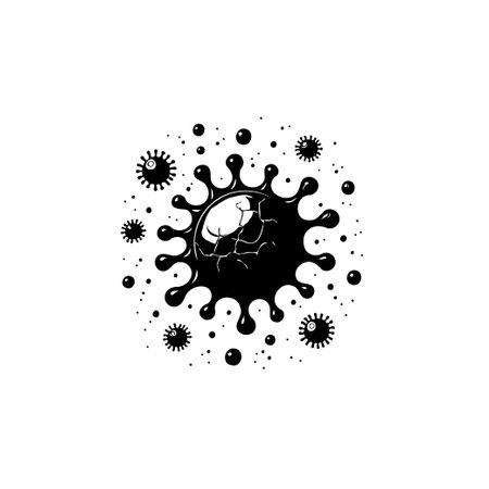 Detailed black and white vector illustration of a coronavirus with a cracked center, symbolizing the fight against the pandemic and the search for a cure.のイラスト素材