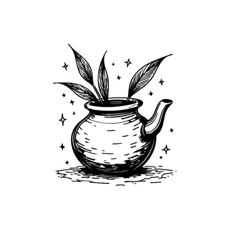 A whimsical hand-drawn illustration featuring a teapot filled with mystical leaves, surrounded by sparkling accents. A vintage and charming design element perfect for adding a touch of magic.のイラスト素材