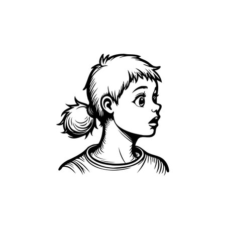 A minimalist line art illustration of a young woman with a ponytail. She appears surprised or curious, looking off to the side with wide eyes and a slightly open mouth.のイラスト素材