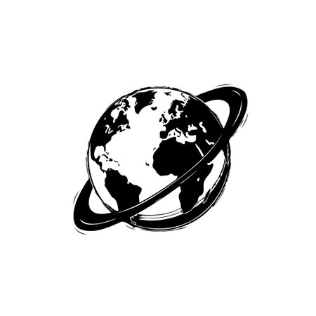 A hand-drawn illustration of planet Earth encircled by a ring, suitable for conveying themes of global communication, travel, and environmental awareness.のイラスト素材