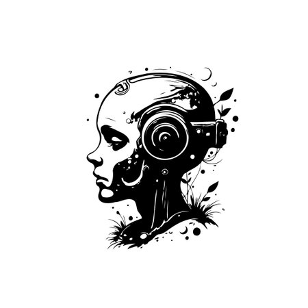 A stylized illustration of a humanoid robot's head in silhouette. It combines technological elements with organic, floral designs, suggesting a fusion of nature and advanced artificial intelligence.のイラスト素材