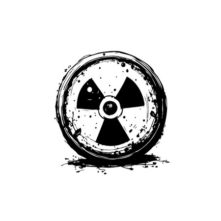 A grungy black and white illustration of a radiation symbol with splatter effects, representing danger, hazard, and radioactivity.のイラスト素材