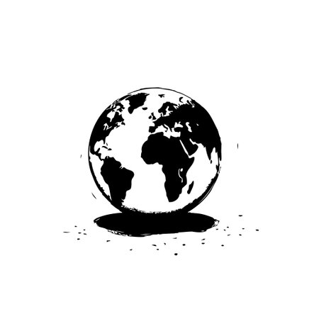 Monochrome artistic illustration of the Earth globe with a dripping paint effect, casting a dark shadow. Ideal for travel, geography, or global concepts.のイラスト素材