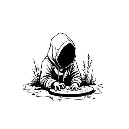 A mysterious, hooded figure manipulates a disc-like object in a desolate landscape. The monochromatic illustration creates an enigmatic and eerie atmosphere.のイラスト素材