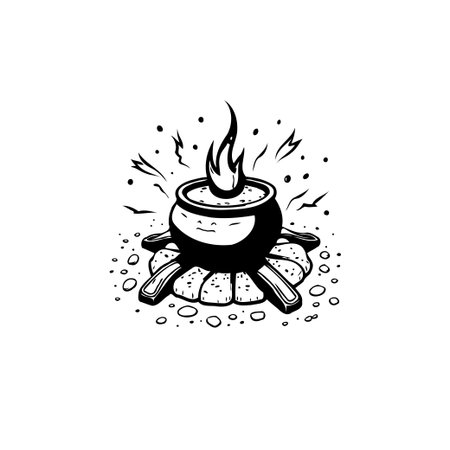 Black and white vector illustration of a cauldron with a bubbling potion and flickering flames, perfect for Halloween or fantasy-themed designs.のイラスト素材