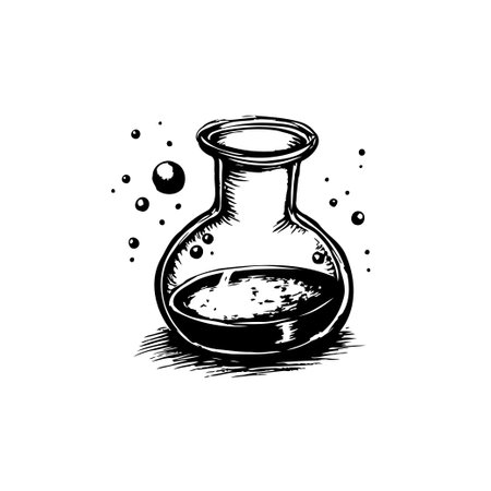 Hand-drawn vector illustration of a laboratory flask filled with liquid, ideal for science experiments, research, education, and medical applications.のイラスト素材