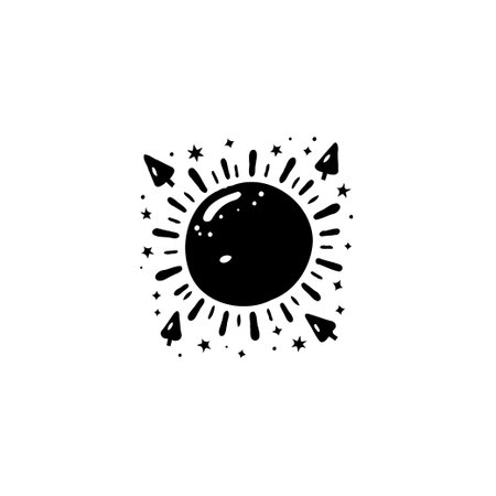 Minimalist black and white illustration featuring a sun surrounded by arrows and stars. Ideal for graphic design elements, logos, or artistic projects.のイラスト素材