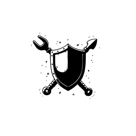 A black and white drawing illustrating a shield with a wrench and arrow crossed behind it, creating a protective emblem or logo.のイラスト素材