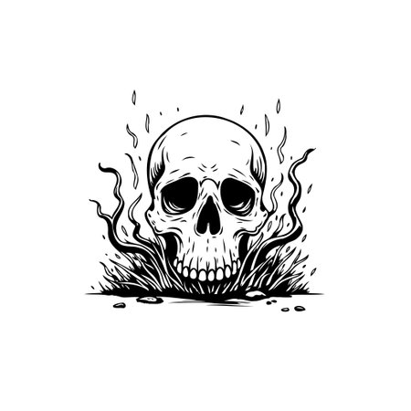 A monochrome vector illustration of a skull surrounded by stylized flames and plant-like elements. The image creates a spooky and macabre impression against a plain white background.のイラスト素材