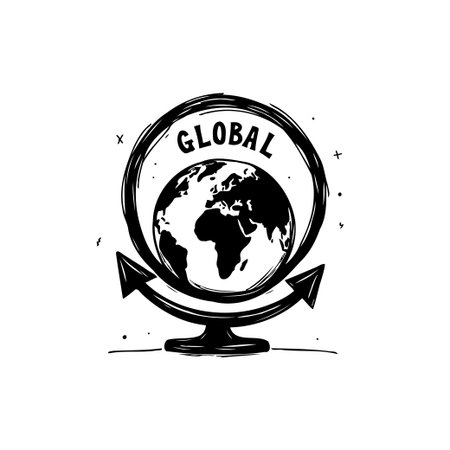 A monochrome, hand-drawn style illustration featuring a globe with the word 'GLOBAL'. Abstract arrows encircle the base, creating a vintage, artistic design.のイラスト素材