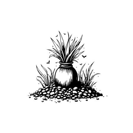 A minimalist black and white illustration of an agave plant in a pot, placed on pebbles. An elegant and natural design.のイラスト素材