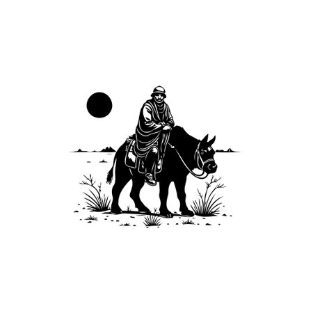 A minimalist illustration depicts a man riding a donkey in a desert setting, conveying a sense of adventure and tradition.のイラスト素材