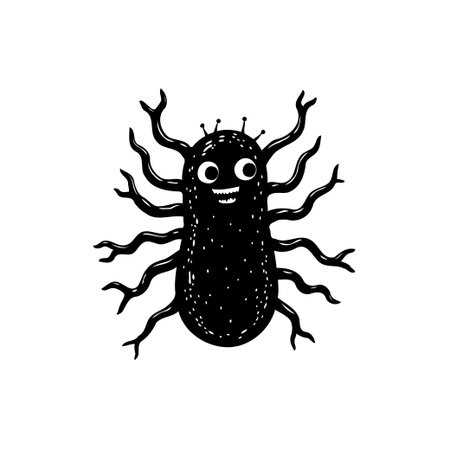 A cute, cartoon-style germ illustration with a smiling face and multiple tentacles. Perfect for educational materials or healthcare designs.のイラスト素材