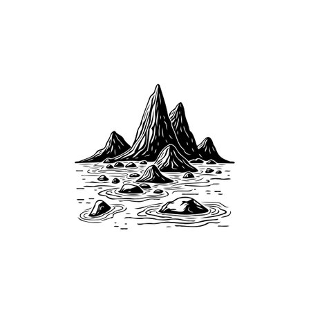 A minimalist, black and white illustration showcases majestic mountains emerging from calm waters filled with scattered rocks, evoking a sense of serene wilderness.のイラスト素材