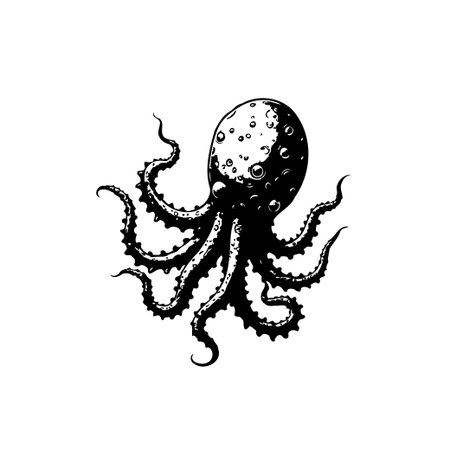 A detailed monochrome illustration of an octopus, perfect for adding a vintage nautical touch to your creative projects. Features intricate details and bold contrastsのイラスト素材