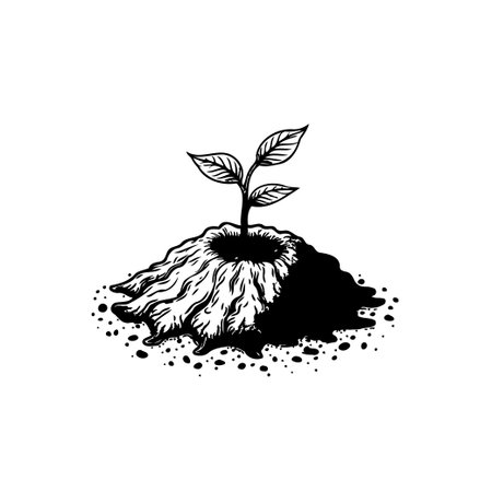 Minimalist black and white drawing of a small plant sprout growing from a mound of soil. Depicts new life, growth, and the environment in a simple, clean design.のイラスト素材