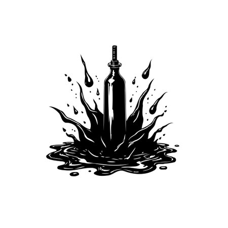 Monochrome vector image showcasing a bottle with striking liquid splashes and spills. A modern, artistic graphic with a clean, minimalist design.のイラスト素材