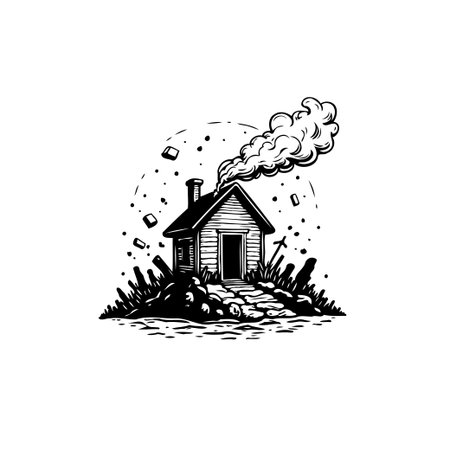 Monochromatic illustration of a cozy cabin emitting smoke, set in a rustic environment. The illustration captures a peaceful and idyllic scene.のイラスト素材