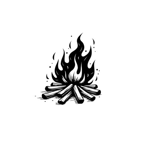 A minimalist black and white illustration of a campfire with flames and wooden logs, perfect for outdoor adventure or camping themes.のイラスト素材