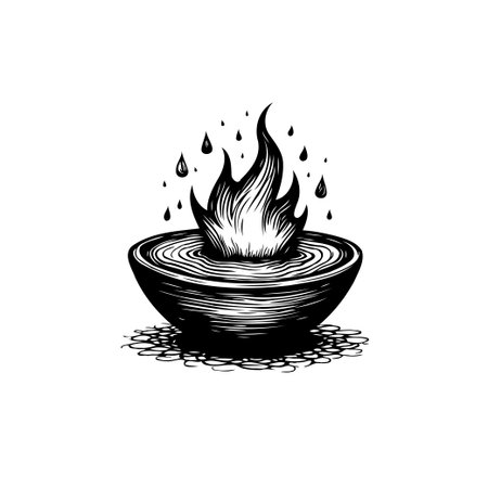 A striking black and white illustration depicts a bowl filled with water, upon which a vibrant flame dances, creating a captivating contrast between fire and water.のイラスト素材