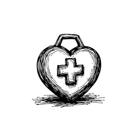 A hand-drawn sketch of a heart-shaped pendant featuring a cross. Conveys themes of health, love, care, faith, and spiritual wellness. Ideal for medical, religious, or wellness-related projects.のイラスト素材